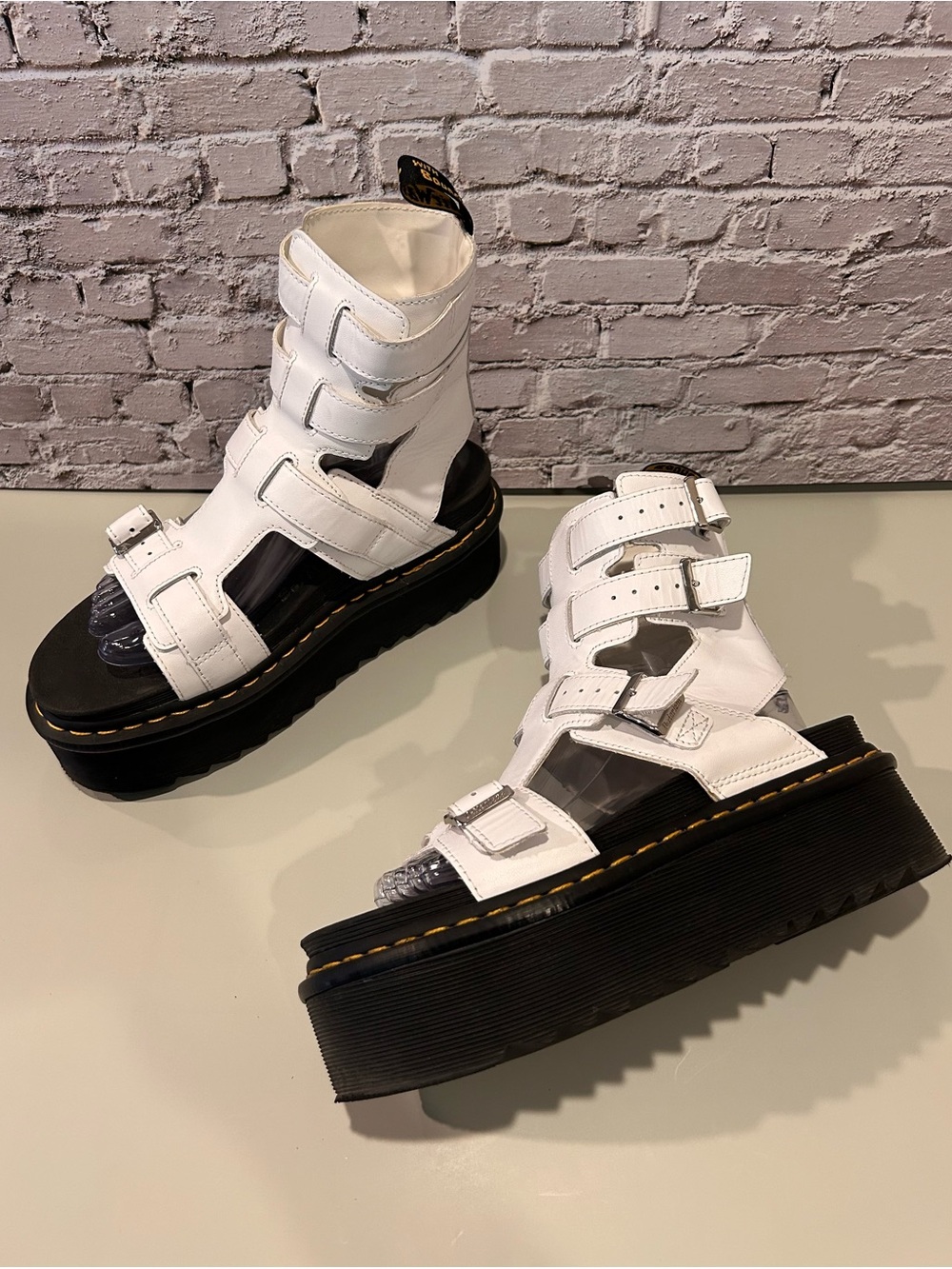 Dr. Martens Giavana White Leather Sandals Platform Gladiator Silver Buckles